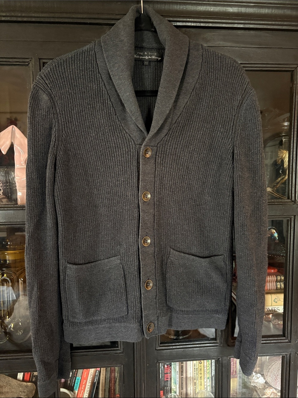 Rag & Bone X Barney's Men's Shawl Collar Button-Up Sweater Cardigan - Charcoal